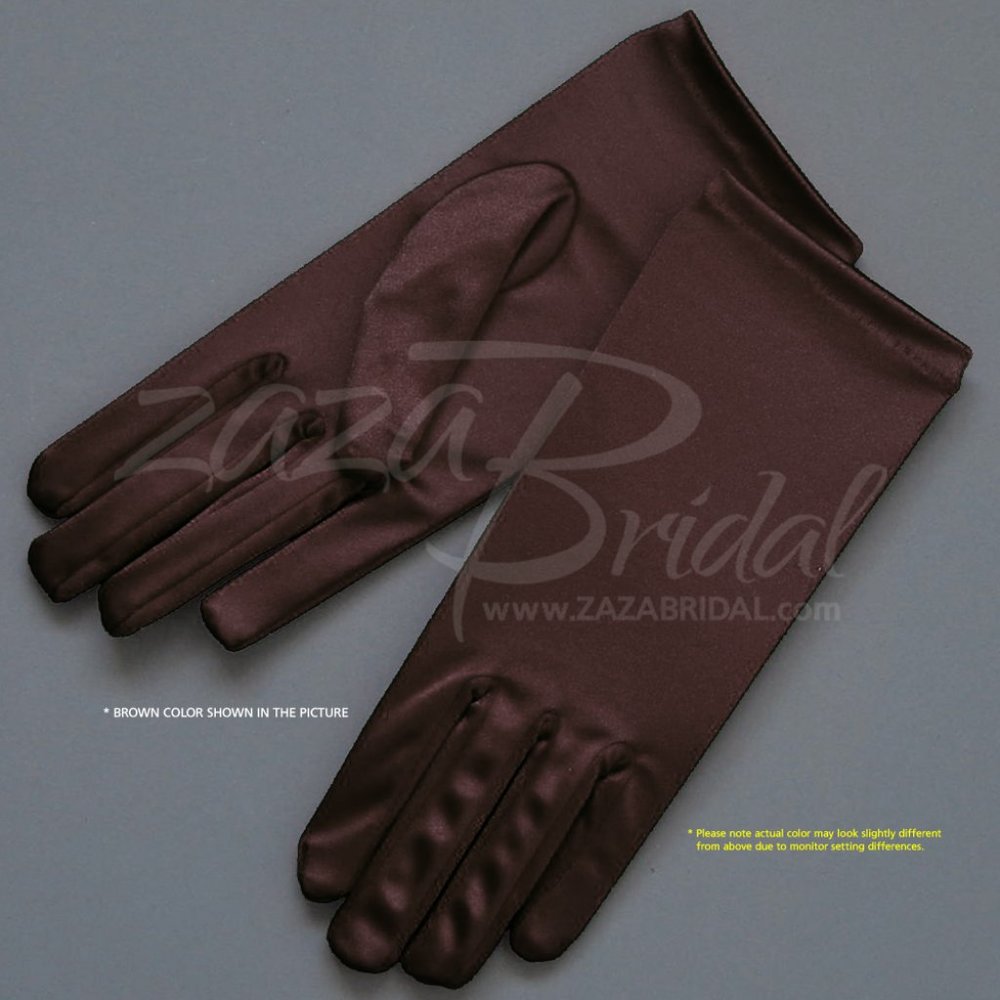 Shiny Stretch Satin Dress Gloves Wrist Length 2BL - Brown